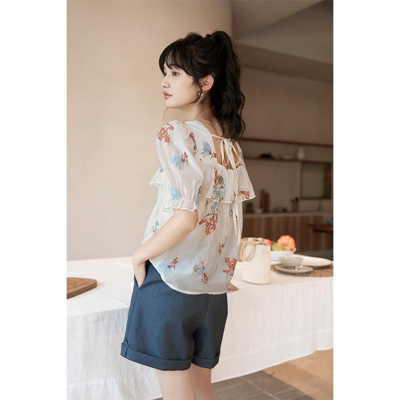 Mishow Women's Blouse 2023 Summer New Embroidery Puff Sleeve Chiffon Korean Fashion Square Collar Loose Pullover Female Tops MXC38X1278