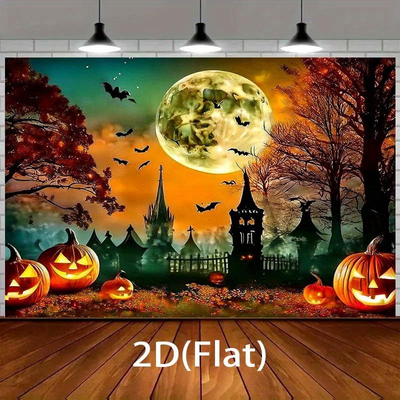 1 pc 2D Flat Halloween Background - Jack-O'-Lantern, Bats, Full Moon and Autumn Tree Scene - No Power Required——sjs