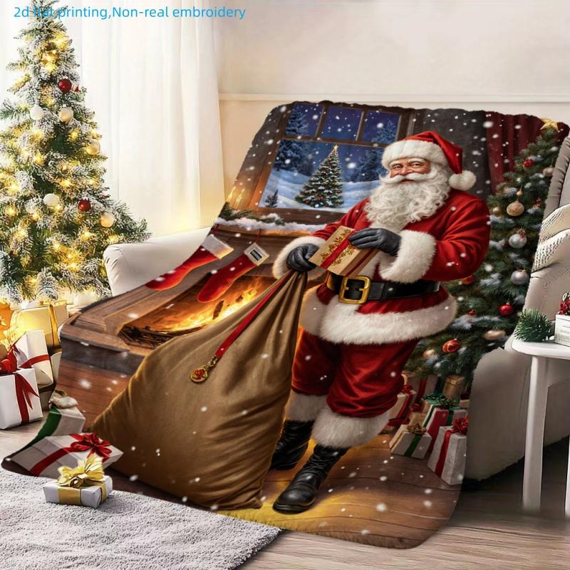 1pc Christmas Theme Santa Claus Christmas Tree Printed Blanket, Strong Holiday Atmosphere, Multi-Size Available, Autumn Thanksgiving Christmas Nap Bla