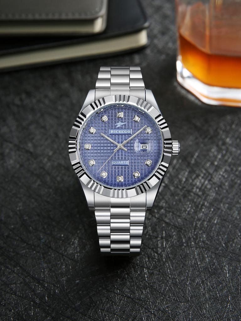 Men's Quartz Watch with Diamond-Encrusted Dial and Stainless Steel Strap Simple Business Style Perfect Gift for Any Occasion