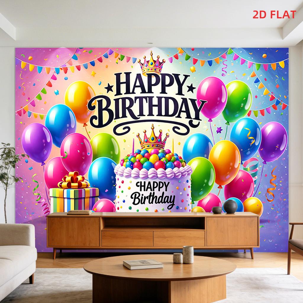 2D Flat - 2D Flat - A Large Tapestry Featuring a Birthday Cake, Balloons, Gifts, And Rainbow Colors, Perfect for Festive Wall Decoration. Ideal for Be