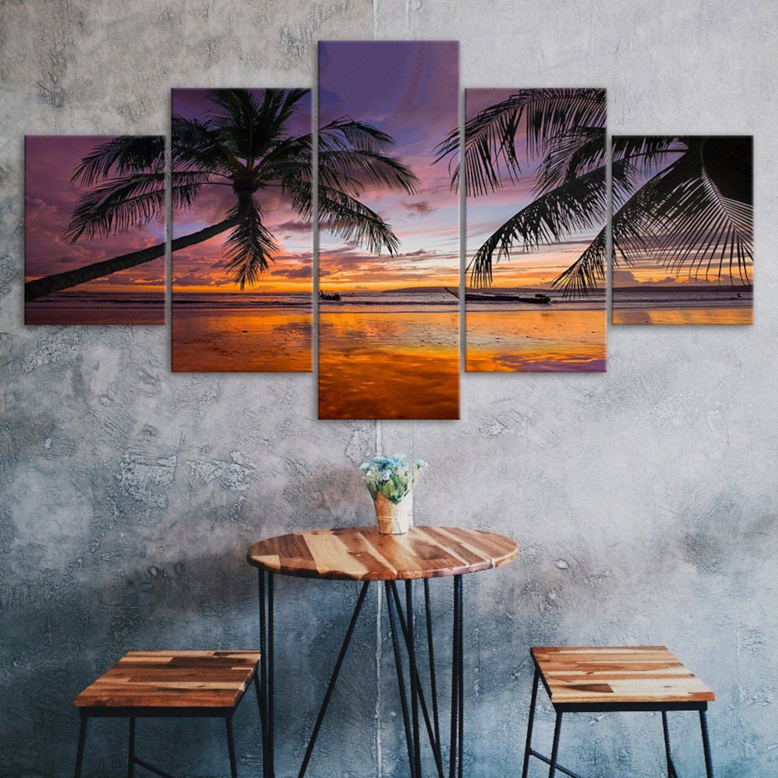 

Beach Palm Trees Sunset Canvas 5 Piece Five Panel Wall Print Modern Art Poster Picture Home Decor Gift For Him For Her 20X35 20X45 20X55CM