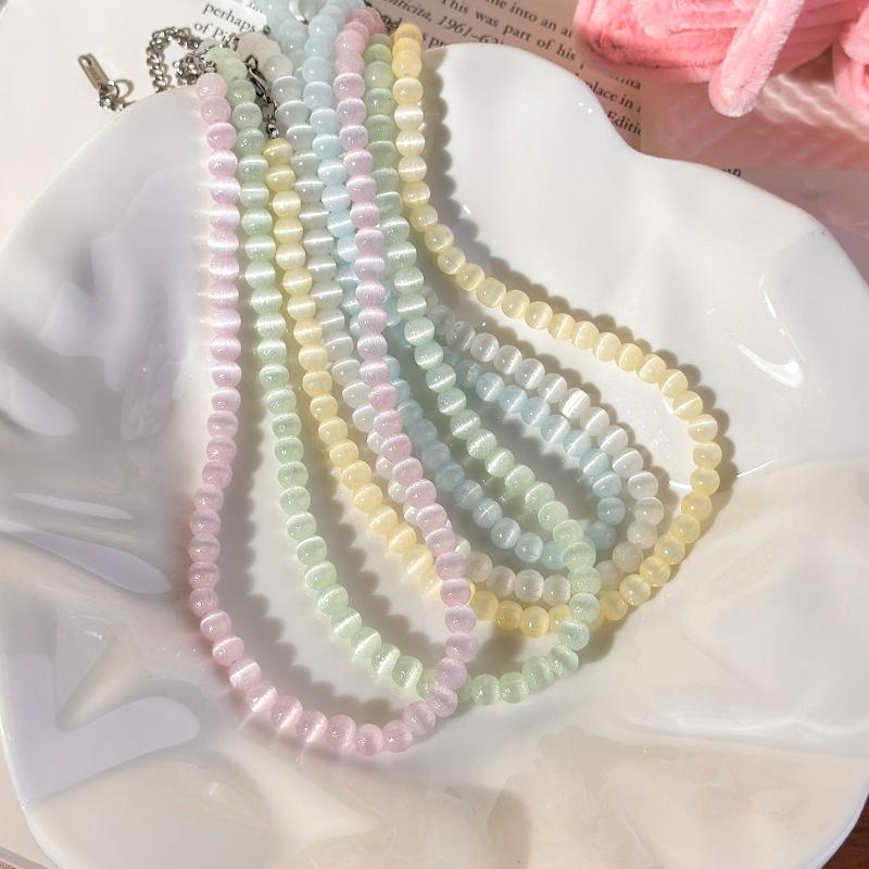 Korean Style Simple Versatile Women'S Colored Glass Bead Necklace Aesthetic Trendy Clavicle Chain Jewelry Accessory