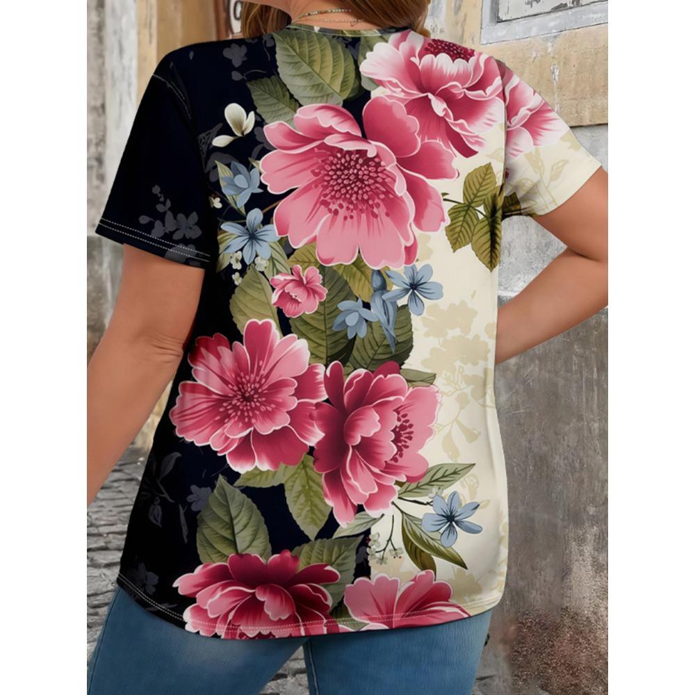 Elegant Floral V-Neck Women's Plus Size T-Shirt - Soft Casual Comfort Fit Short Sleeve Top