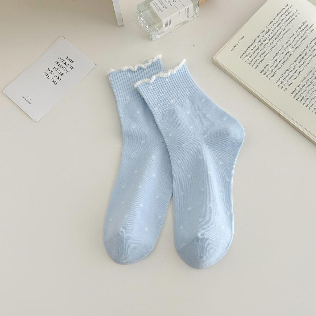 Black Ear-trimmed Socks for Women's Spring and Autumn: Simple and Versatile Boneless Mid-calf Socks, Sweet Polka Dot Socks with A School Style