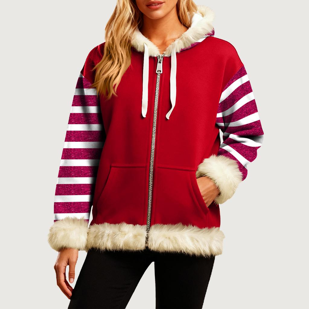 Women's Comfortable Loose Fashion Casual Striped Print Long Sleeve Pockets Hooded Sweatshirt Jacket