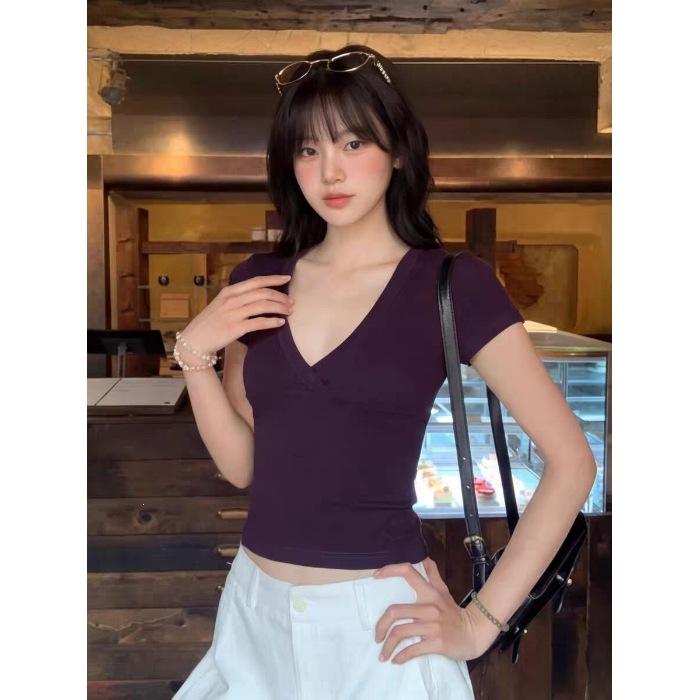 American Slim Fit and Thin Sexy Pure Desire V-neck Spice Girl Short Sleeve Fashion Versatile Casual T-shirt Women's Top