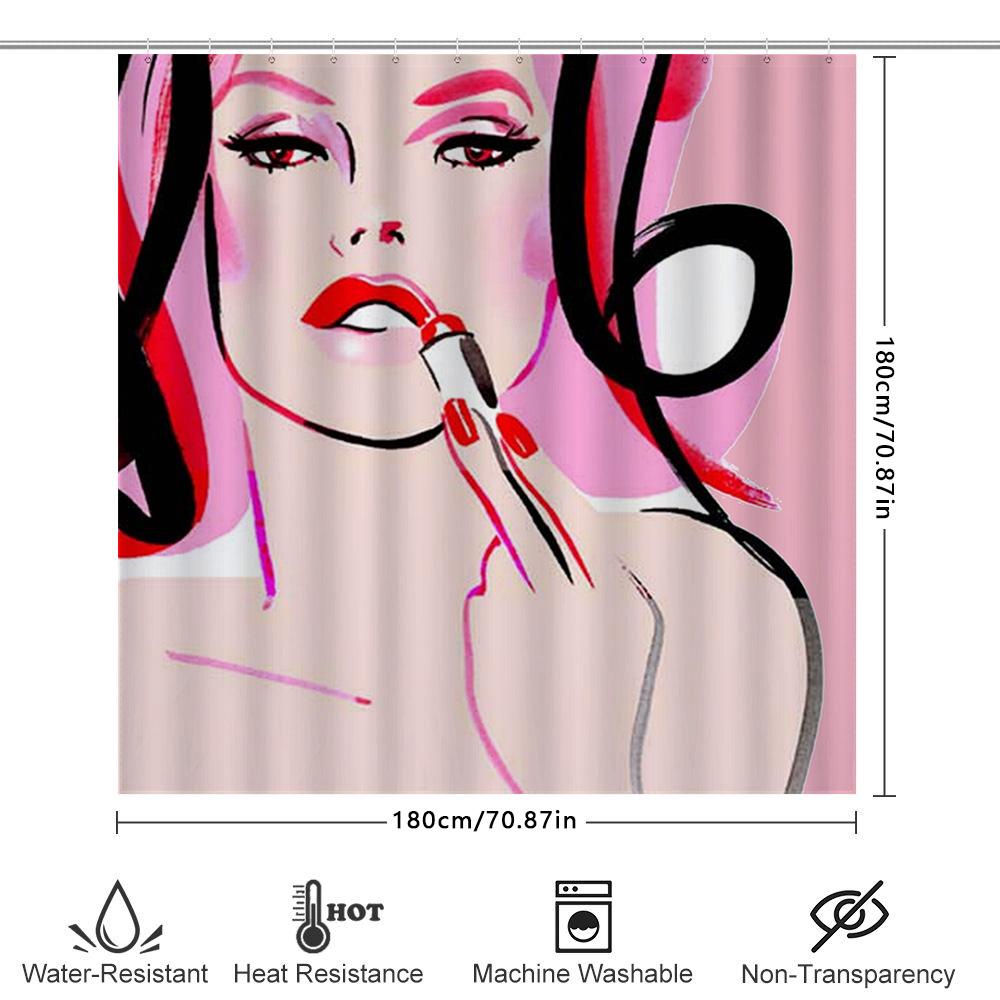 Pink Beauty Woman Shower Curtain Set Pink Bath Decor With Makeup Brush Print For Bathroom Decoration Waterproof Polyester Fabric