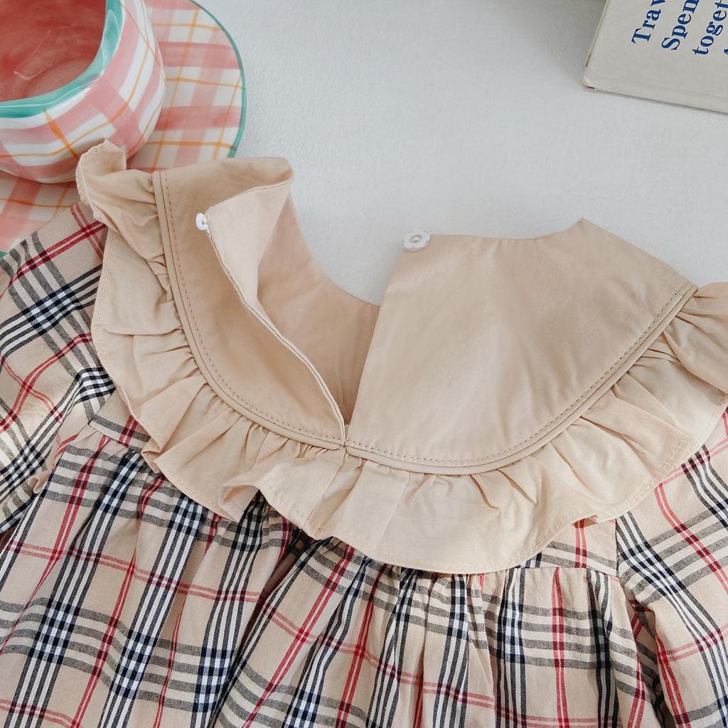 Niedliches Teddybär-Plaid-Kleid für Mädchen 2024: Langärmeliger Volant für Frühling & Herbst