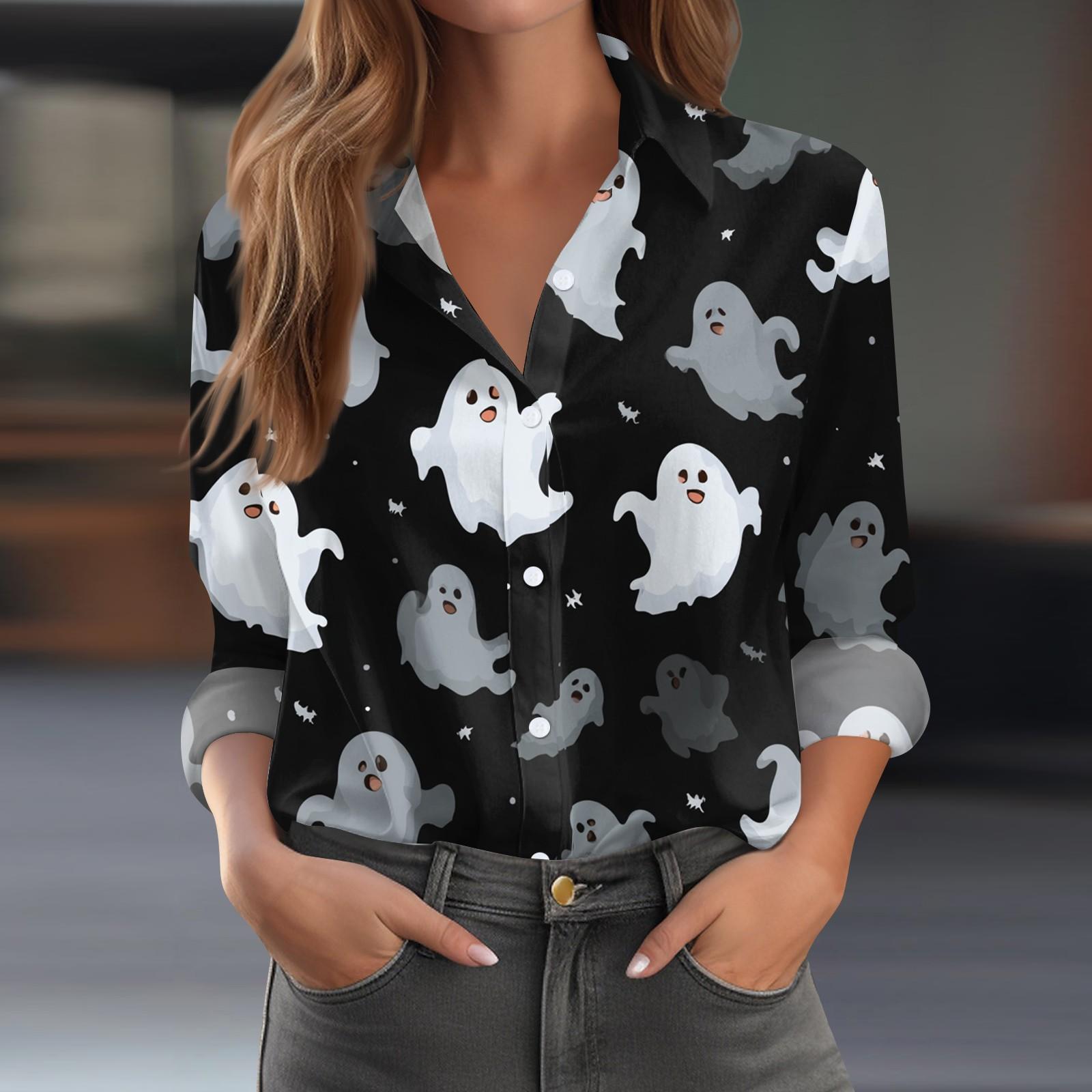 

Женская повседневная рубашка с длинным рукавом и принтом на Хэллоуин, с полуоткрытым воротником M белый