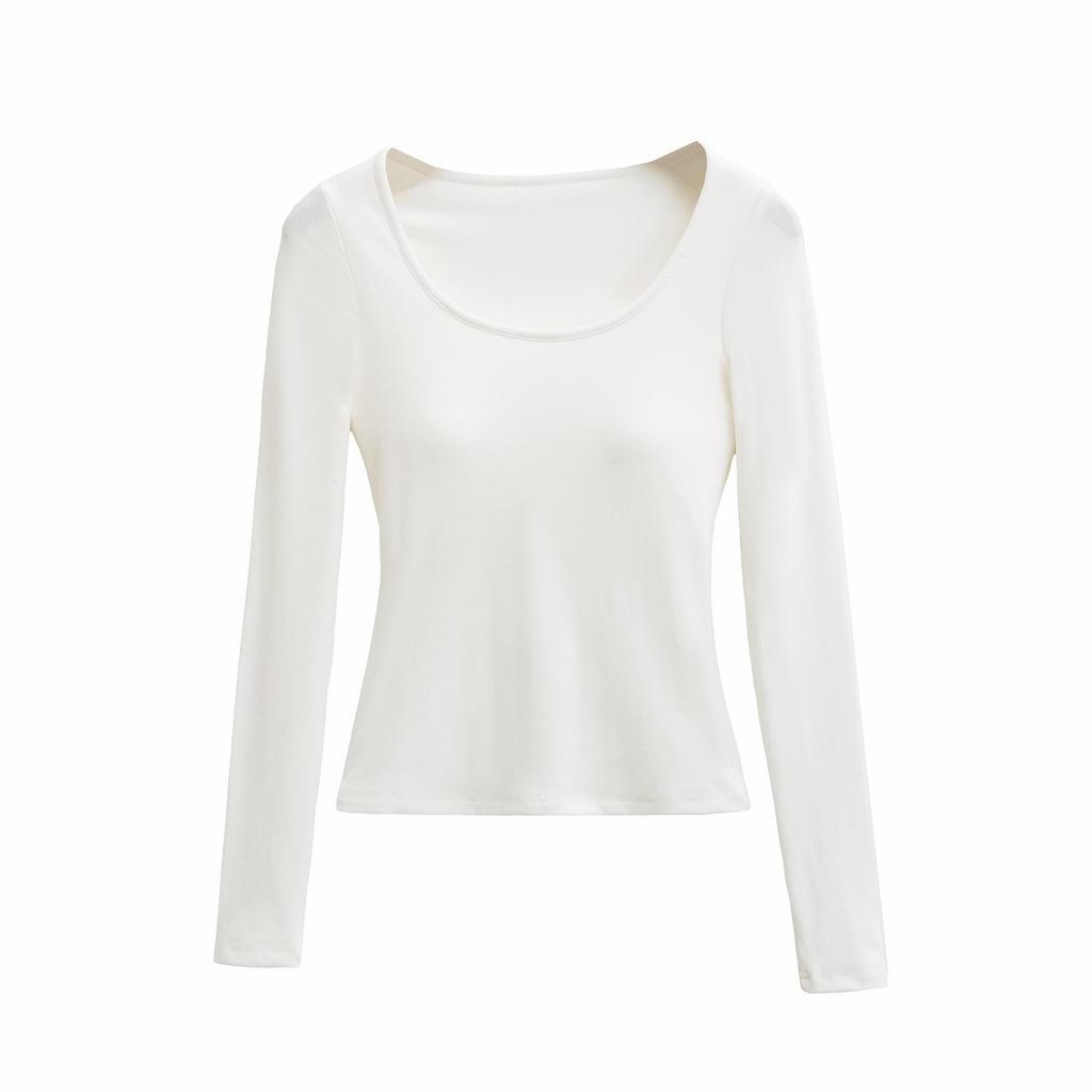 2025 Autumn/Winter Women's Sexy Slim-Fit Long-Sleeve T-Shirt with Built-in Bra and U-Neck