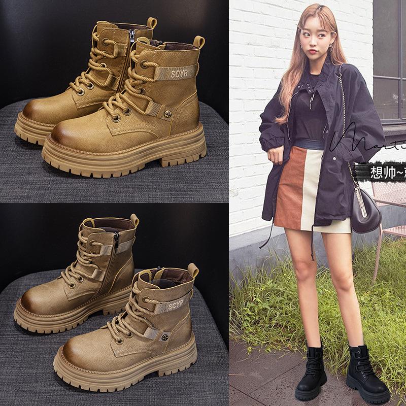 Rhubarb boots women's 2025 autumn new leather thick-soled tooling wind Martin boots velvet short snow boots women's boots