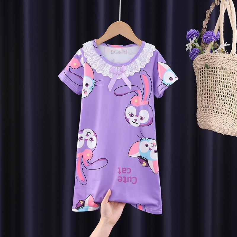 Lace Short Sleeve Cartoon Nightgown for Girls - Summer Pajamas