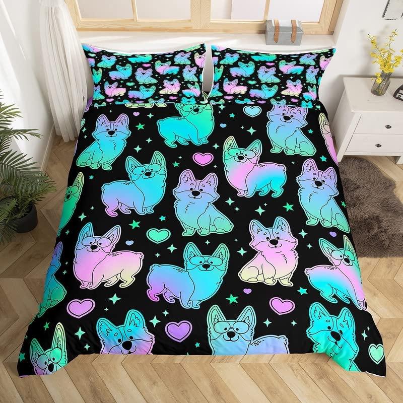 Corgi Duvet Cover Set King Queen Size Polyester Comforter Cover For Kids Boys Girls Bedding Set With Pillowcase Cute Kawaii Dog