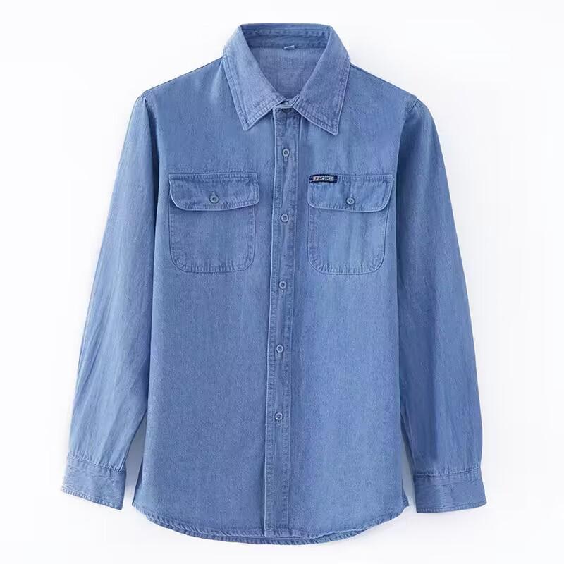 Men's Minimalist Long Sleeve Cotton Denim Shirt - Sun Protection, Loose Fit, Plus Size, Spring/Summer/Autumn Workwear
