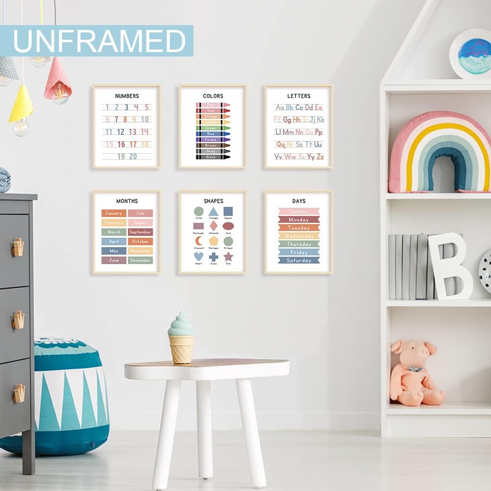 UNXIS Set of 6 Alphabet Poster, Abc Chart, Number Chart Educational Posters For Classroom Homeschool Preschool Supplies, for Kids Ages 3-5 Baby Girl