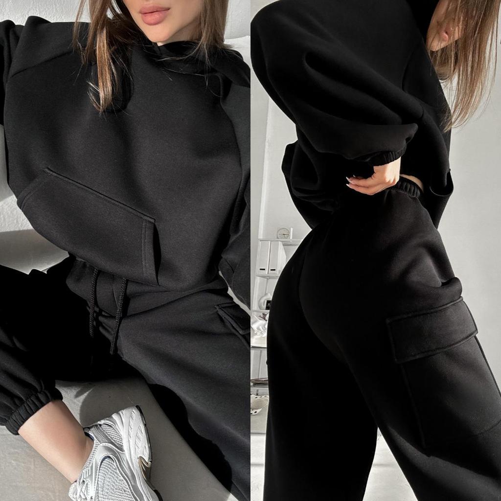 Women's Spring and Autumn Solid Color Casual Sports Suit Long Sleeve Hooded Sweatshirt + Sweatpants Two Piece Set