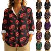 Women's Retro Halloween Printed Button Up Long Sleeved Casual Regular Shirt Collar Top