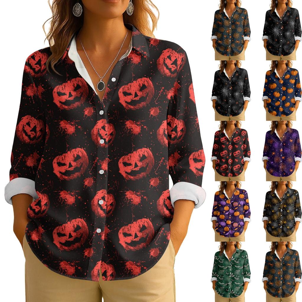 Damen Retro Halloween Bedrucktes Button-Up Langarm Casual Regular Hemdkragen Top