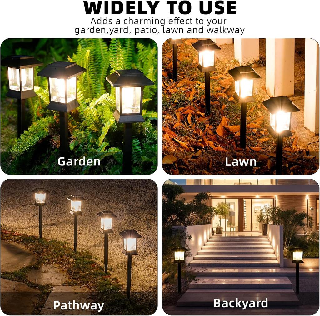 6 Pack Solar Path Lights Outdoor Waterproof, Dual-Use Stake/Hanging, 17' Warm White 3000K, 1000mAh Battery & Monocrystalline Pan