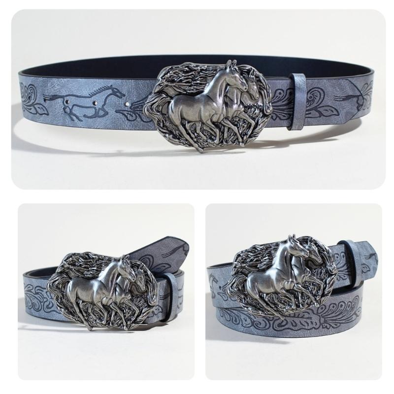 Waist Belt Punk Chain for Cowboy Cowgirl Carved Horse Buckle Retro Floral Buckle Waist Chain Belt