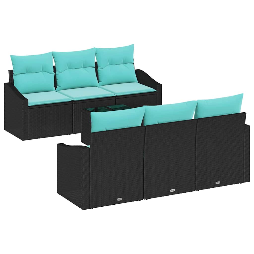 7 Piece Sofa Set with Cushions in Black and Turquoise Poly Rattan