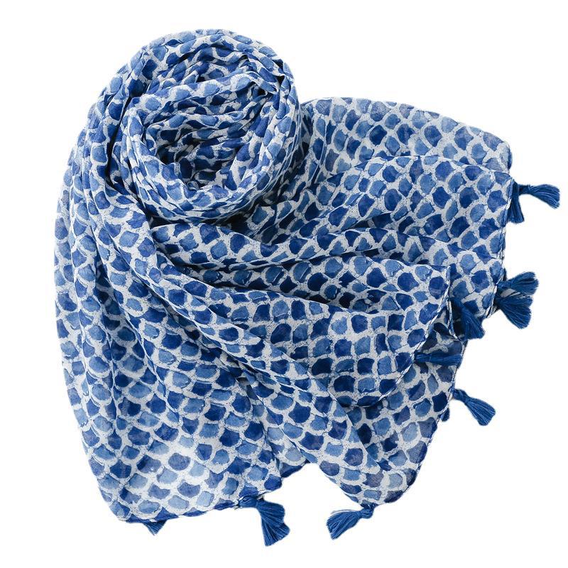 Four Seasons Cotton And Hemp Texture Scarf Small Fresh Green Blue Fish Scale Geometric Tassel Silk Scarf Shawl For Women