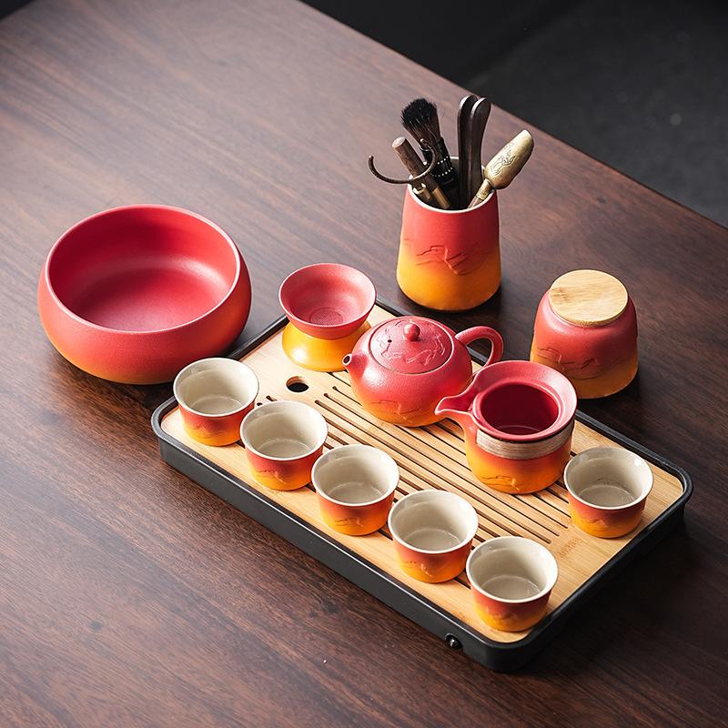 Keramisches Kung Fu Tee-Set Balkenkanne Gerechtigkeitsbecher Tragbares High-End Tee-Retro-Set Grobkeramik Farbverlauf Tee-Set