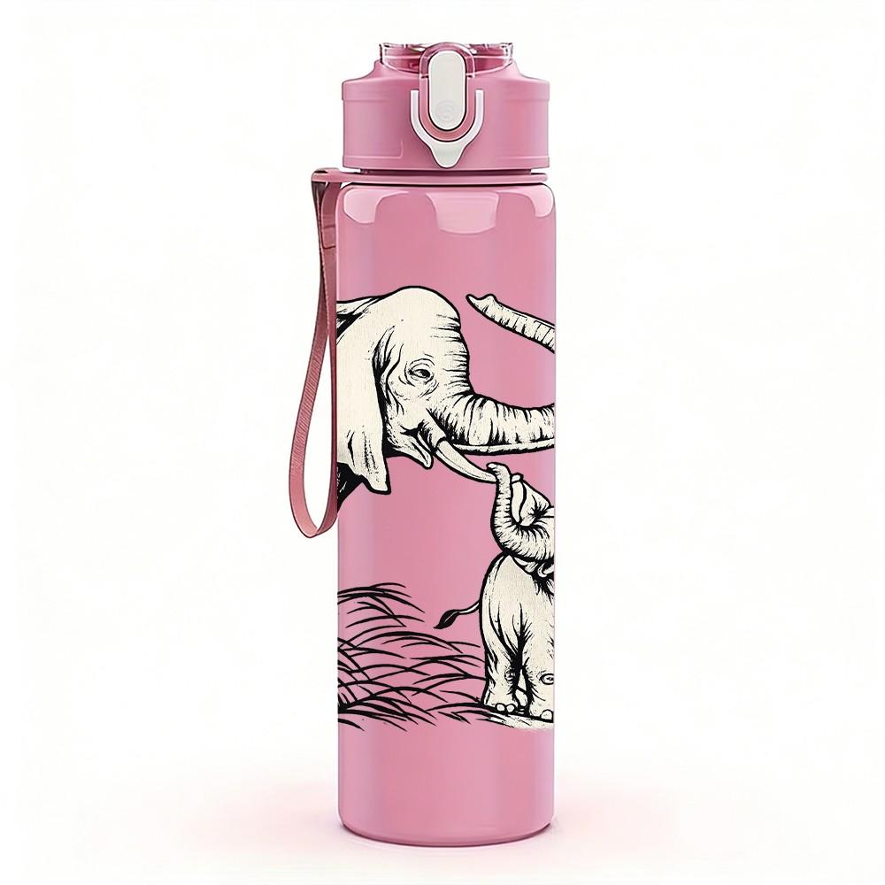 1PC Elephant Baby Calf Family Print 750ml Color Plastic Sports Water Bottle Leakproof Flip Straw Lid Suitable for Sports Office Home Use