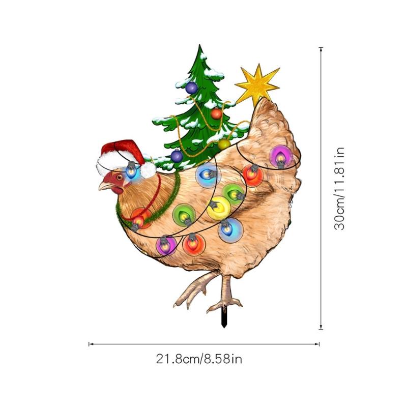 Christmas Chicken with Bulb Stakes Xmas Garden Yard Signs Rooster Yard Art Outdoor Christmas Decorations for Lawn Patio