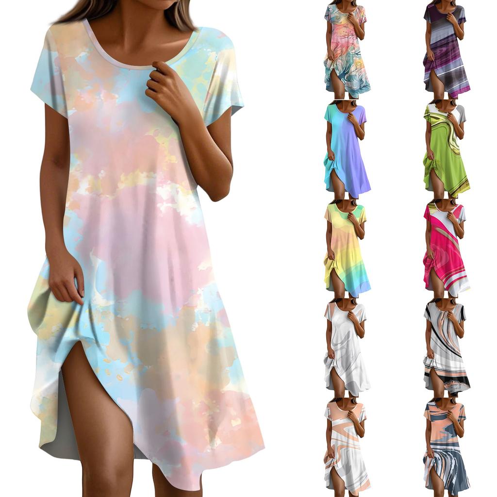Short Sleeve Boho Dress For Women Casual Loose Fit Summer Sundress Texture Print Dress With Pockets