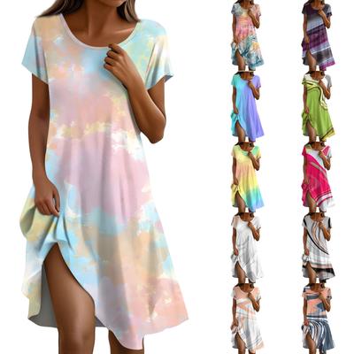 Short Sleeve Boho Dress For Women Casual Loose Fit Summer Sundress Texture Print Dress With Pockets