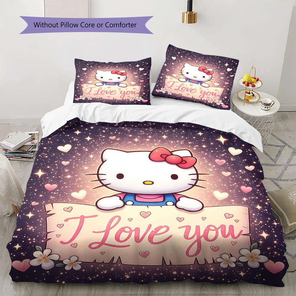 Hello Kitty Cute Pattern Bedding,Quilt Set Quilt Cover Pillowcase Home Birthday Gift(1 * Duvet Cover + 2 * Pillowcase, Without Core)