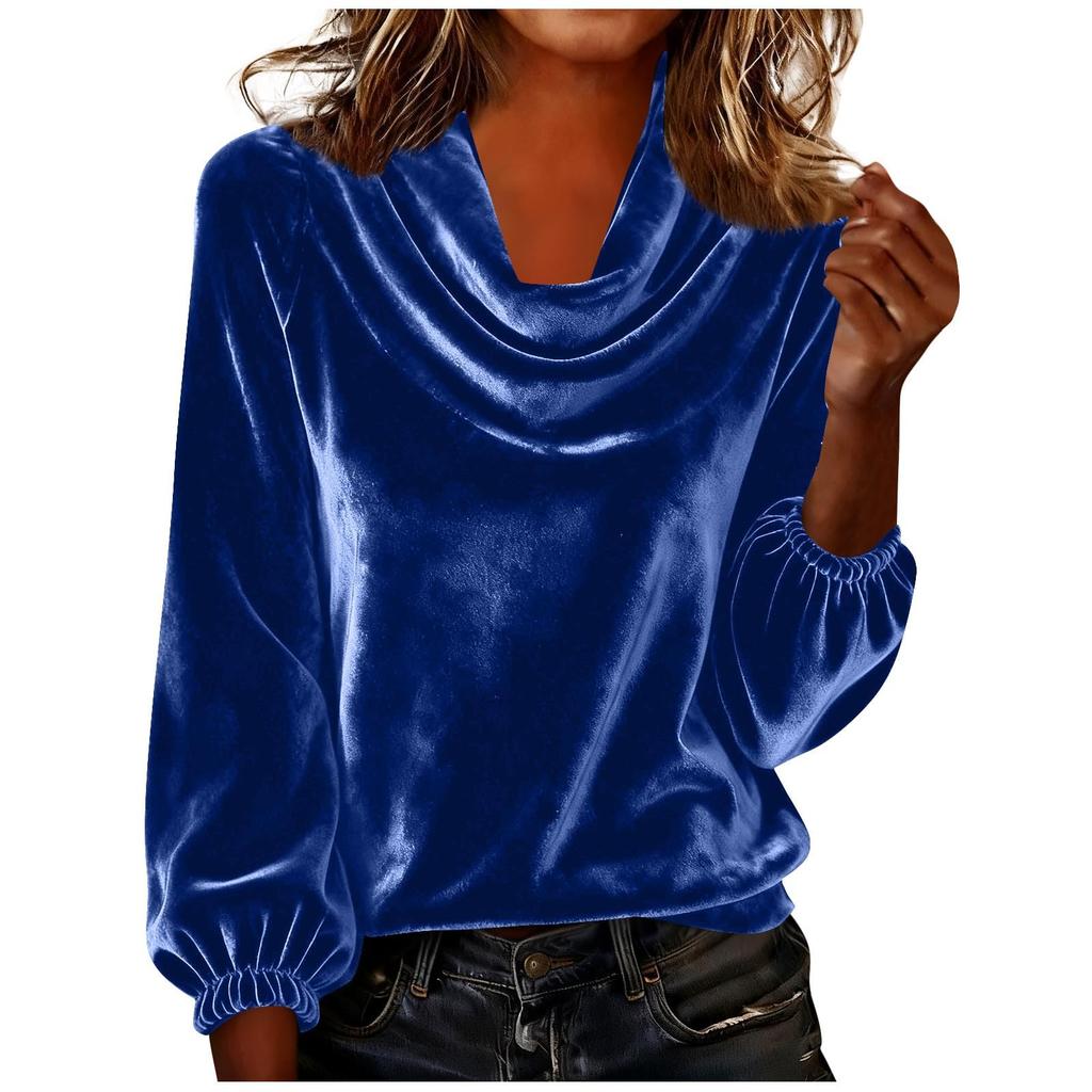 Women's Fashionable Color Round Neck Long Sleeved Gold Velvet Pullover T-shirt Top