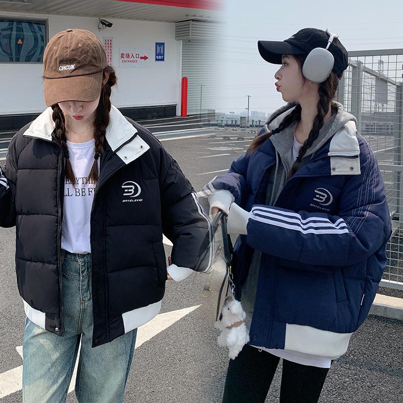 2025 Cotton Jacket Cotton Clothes Women's Winter Couple Collegiate Warm American Loose Sports Stripe Contrast Niche Padded Jacket