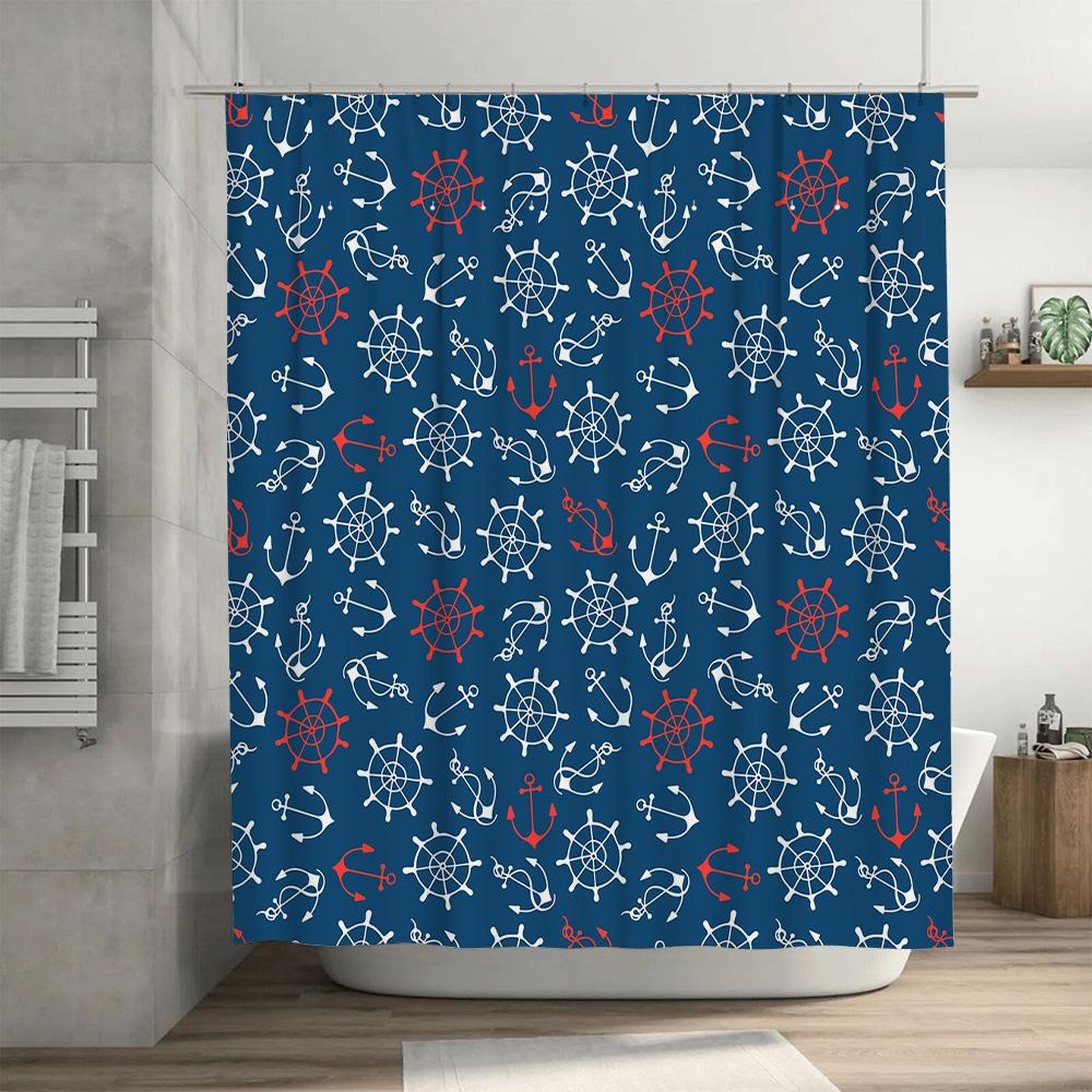 Nautical Blue Red Waterproof Shower Curtain Marine Decorative Printed Bath Hanging 72 X 84 Inch Bathroom Decor