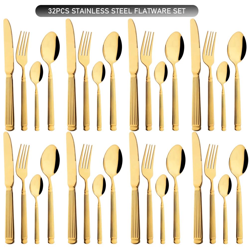 

Набор столовых приборов Western, 32 предмета, набор столовых приборов из нержавеющей стали, ножи для ужина, кофейные ложки, вилки, столовые приборы для домашней кухни, набор столовых приборов золотой