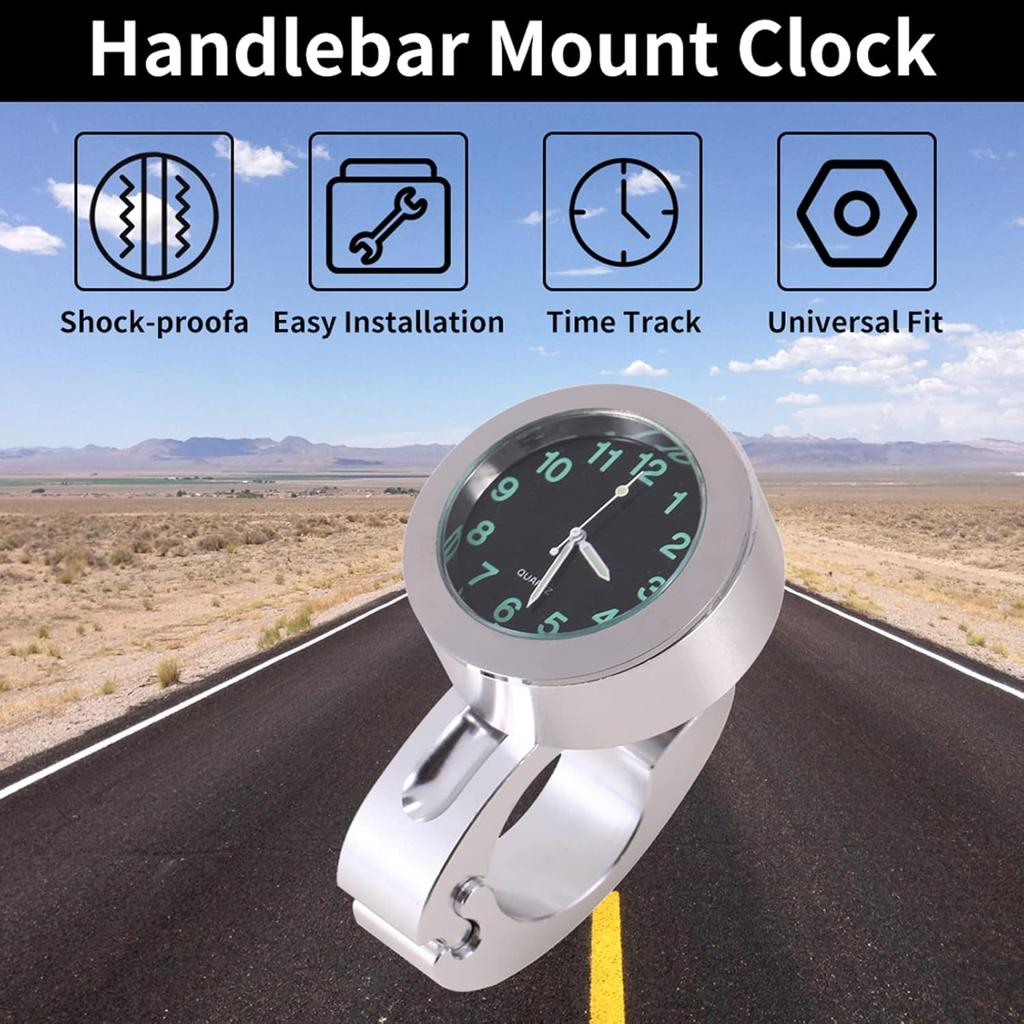 7/8 to 1 Motorcycle Handlebar Clock, Silver Waterproof Handlebar Glow Mount Clock Watch for Motorcycle, Cruiser, Chopper, Custom Bikes