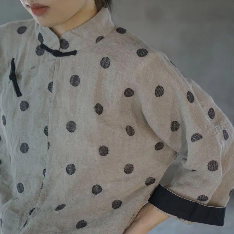 Johnature Women Vintage Linen Shirts Polka Dot Stand Long Sleeve Tops Spring Chinese Style Button Blouses