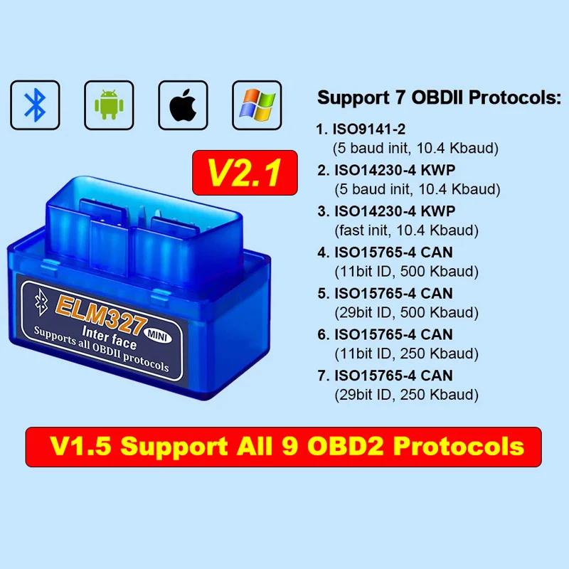 Mini ELM327 Bluetooth OBD2 Scanner Code Reader V1.5/V2.1 Car Diagnostic Tools Check Engine Scan Car Fault Detector 16PIN