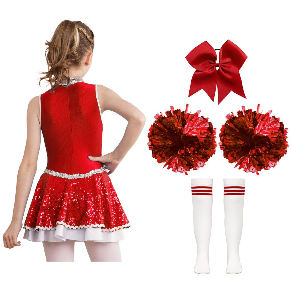 Girls Cheerleading Dance Dress Shiny Sequins Patchwork Invisible Zipper Back with Bow and Socks