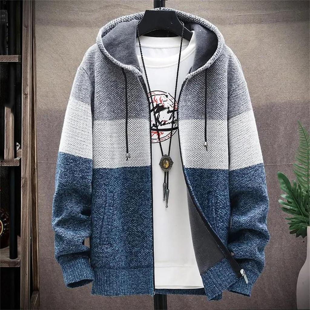 Men’S Fleece Lined Hooded Sweatercoat Striped Turn-Down Collar Long Sleeve Full Zip Knitted Trenchcoa