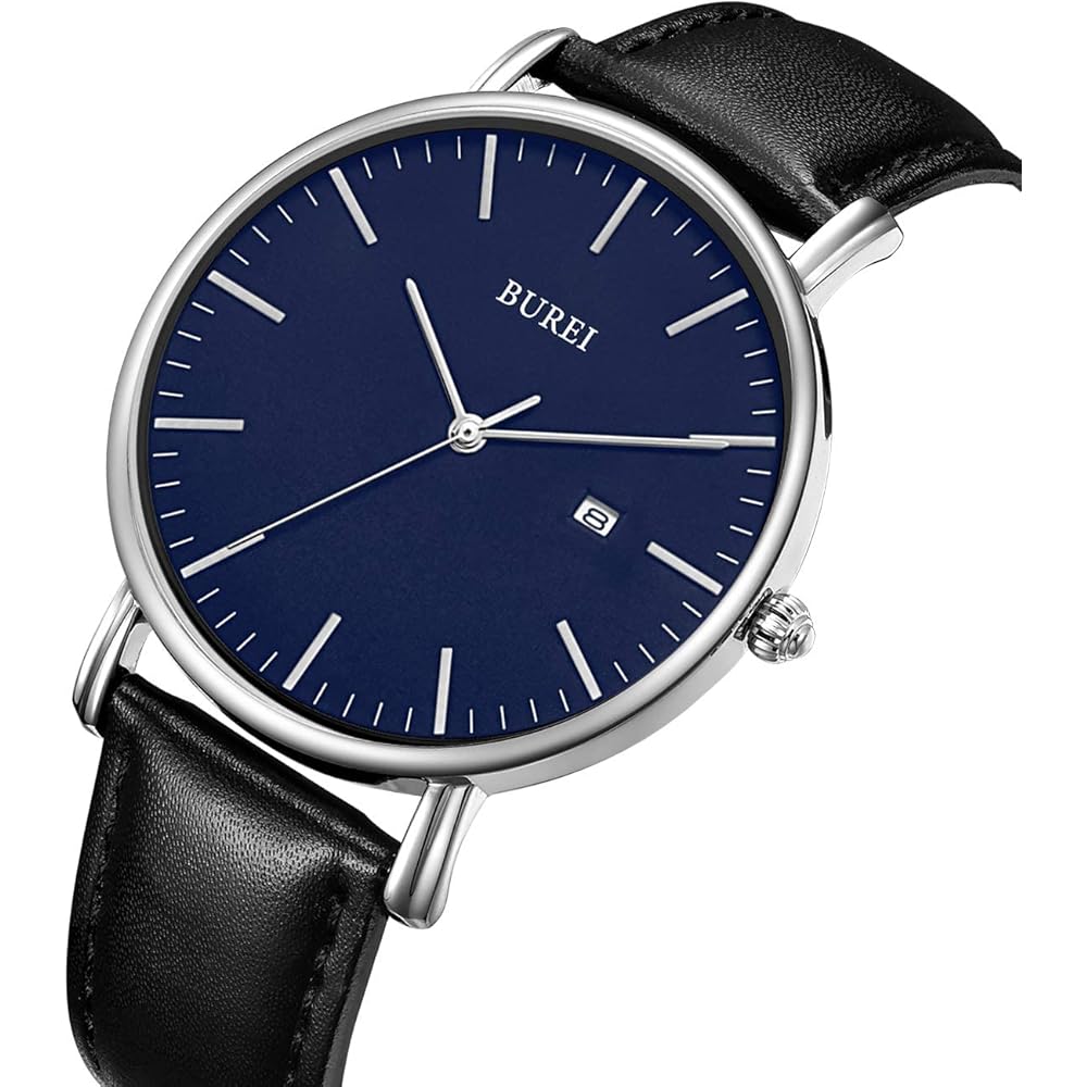 BUREI Men's Analog Watch Leather Waterproof Simple Business Date Quartz White Black Stylish Slim Watch