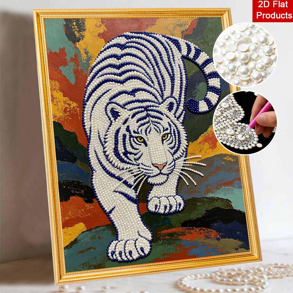 Shiny Pearl White Tiger Animal DIY Painting Creative Bead Art Craft Household Wall Decoration Nice Present For Art Hobbyists Home Decor
