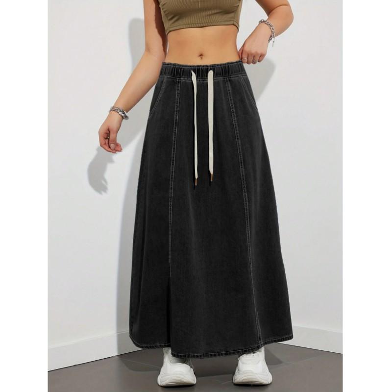 Women's Stylish Elastic-Waist Drawstring Flared Skirt, Denim Skirt, Solid-Color Non-Stretch Commuter Midi Skirt
