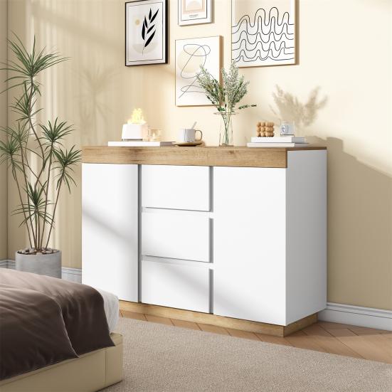 Chest of Drawers with 3 Drawers And 2 Doors, Locker, Storage Function, for Bedroom And Living Room, E1 Chipboard, White+Oak