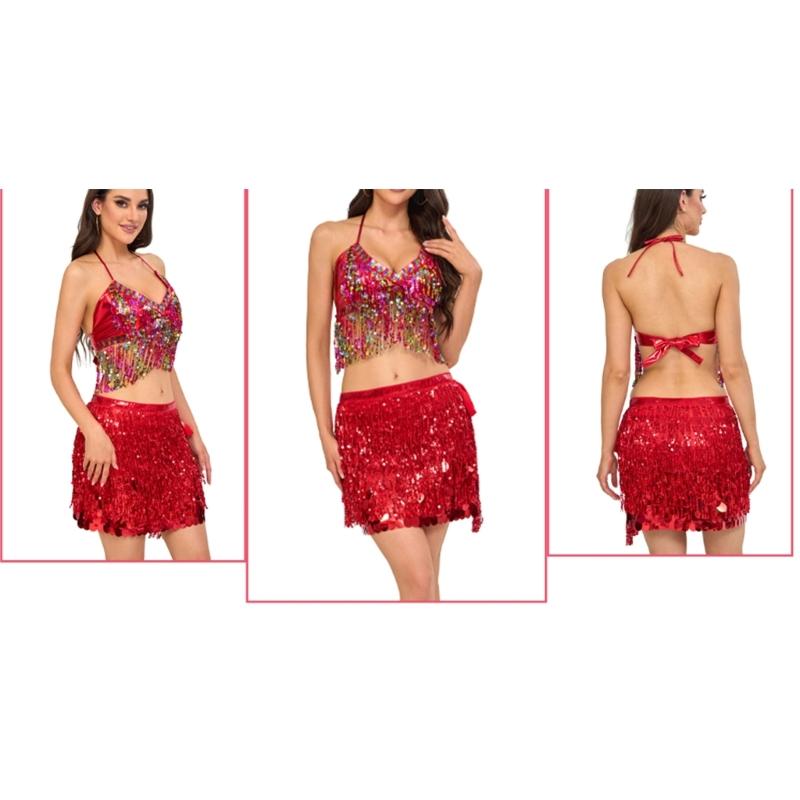 Belly Dance Hip Scarf Laces Up Sequins Skirt Sparkles Wrap Skirt Bellydance Costumes for Halloween Raves Party Clubwears