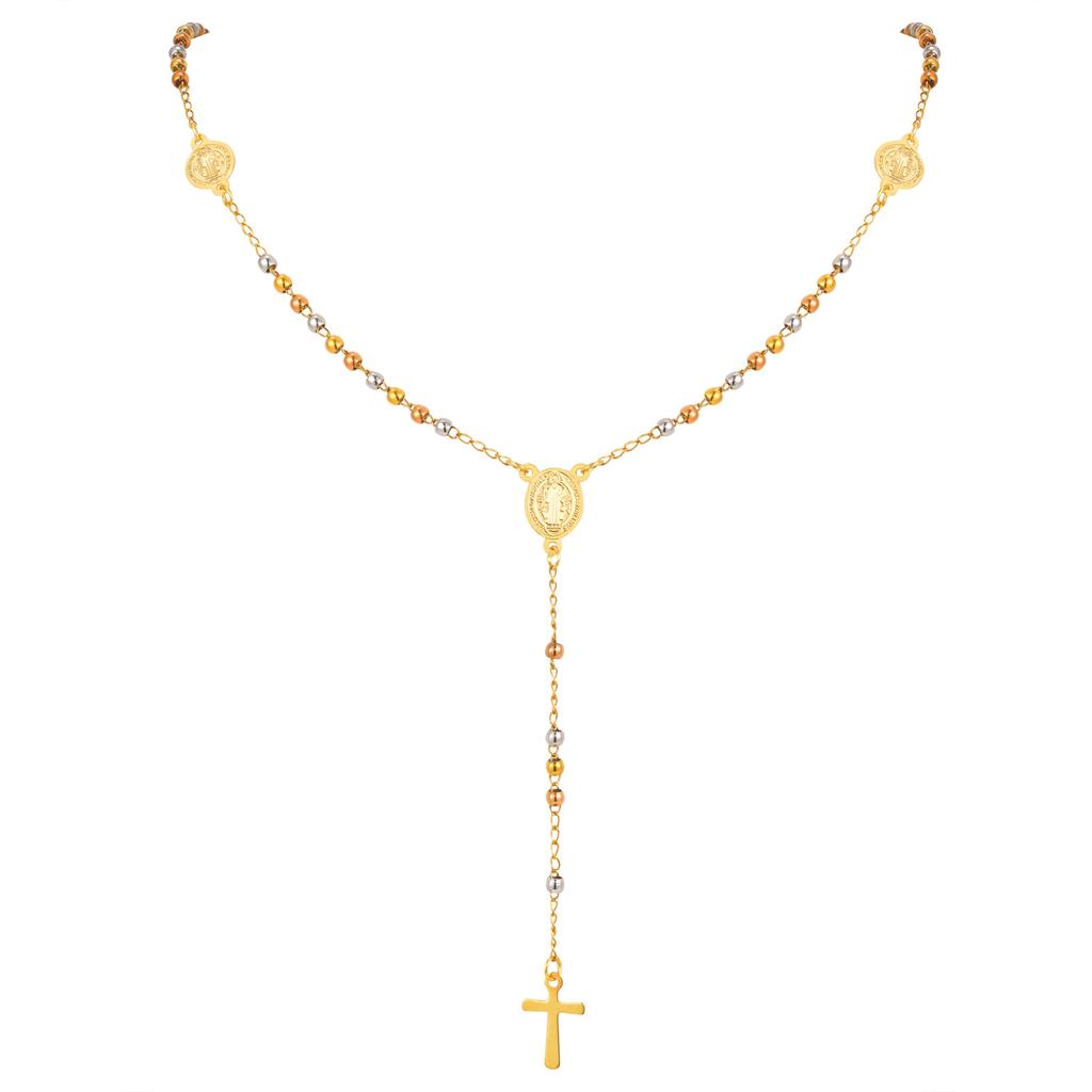 Triple Tone Beaded Rosary Cross Necklace, Stainless Steel Long Chain Crucifix Rosary Chain Y Necklace Women Religious Jewelry