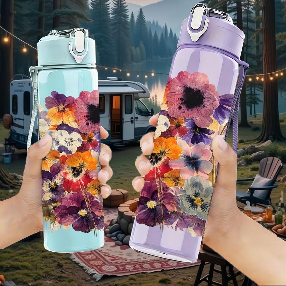 1PC Multicolor Mixed Wildflower Bouquet Print 750ml Color Plastic Sports Water Bottle Leakproof Flip Straw Lid Suitable for Sports Office Home Use