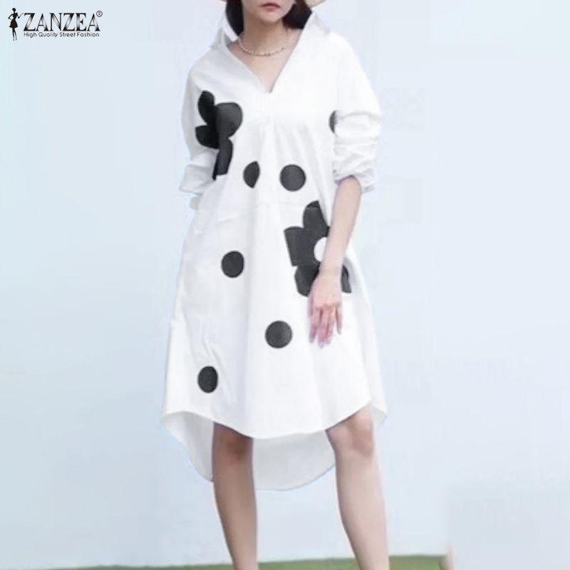 ZANZEA Women Casual Turn Down Collar Long Sleeve Floral Print Loose Shirt Dress